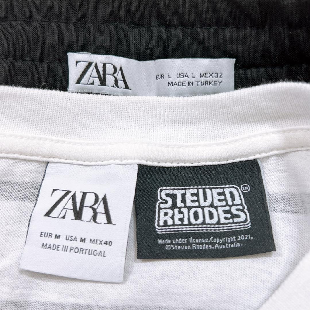【09131】 ZARA ザラ トップス Tシャツ 半袖 パンツ ML 白 黒 2点セット セットアップ プリントTシャツ ボーダーTシャツ カジュアル