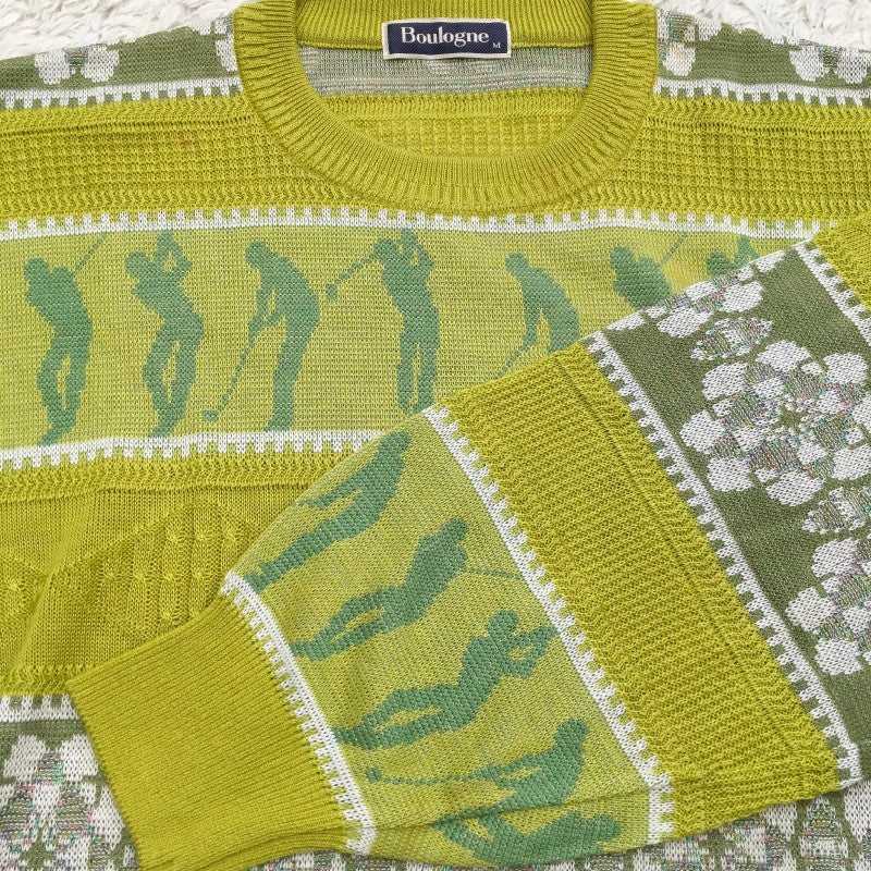 【13481】 新古品 Boulogne ブローニュ セーター サイズM グリーン 日本製 刺繍柄 オシャレ 明るい ストレッチ サマーニット メンズ