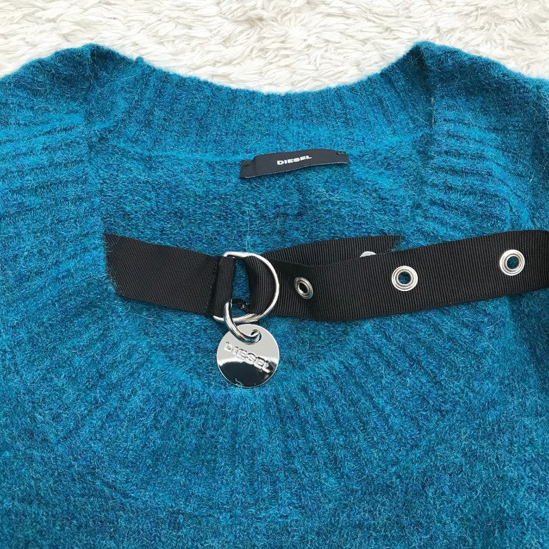 【14031】 新古品 DIESEL ディーゼル セーター サイズXXS ターコイズブルー 無地 ベルト 切りっぱなし ドルマンスリーブ レディース