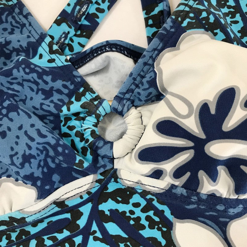 【15983】 トップス サイズM ブルー ボタン パット付き オシャレ 花柄 可愛い リゾート 華やか 爽やか 海水浴 レディース