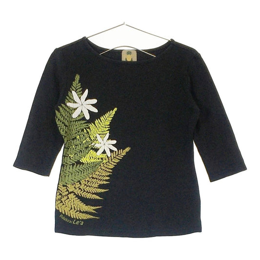 【20119】 Halekuai Lea ハレクアイレア 七分袖Tシャツ カットソー ブラック サイズXS相当 花柄のデザイン オシャレ レディース