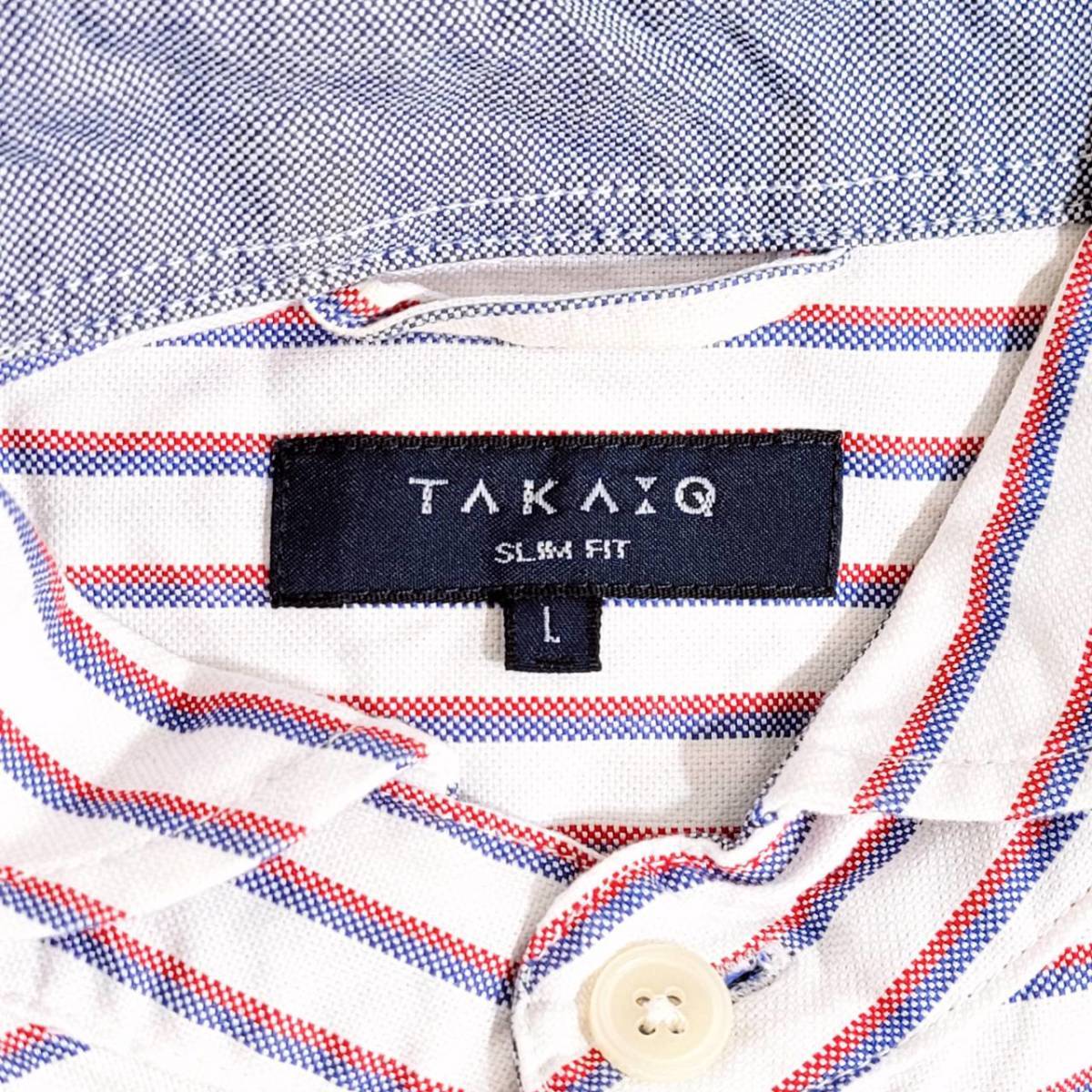 【22353】 TAKA-Q タカキュー 7分袖シャツ L 白 ホワイト 青 ブルー 赤 レッド ストライプ 丸襟 ダブルポケット カジュアル