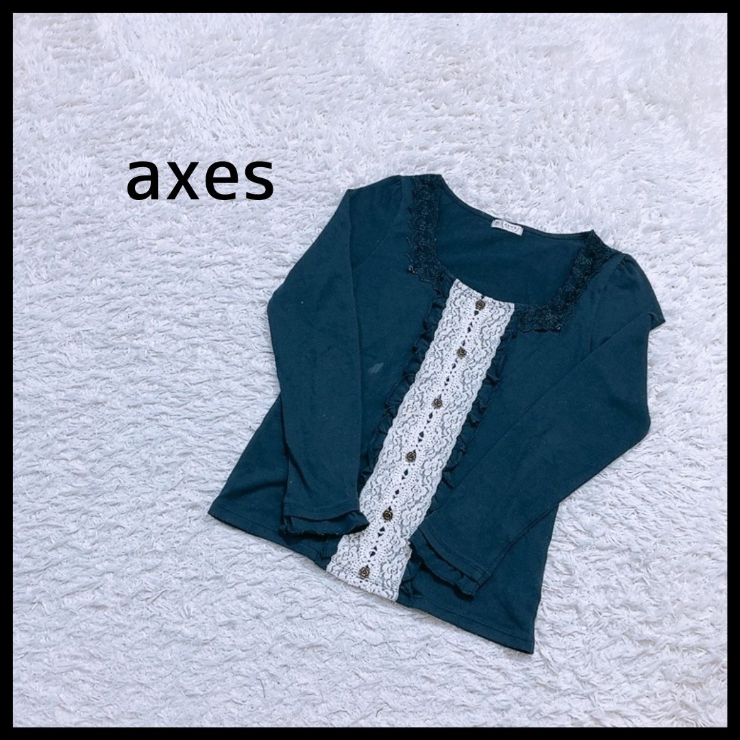 【27095】 axes femme アクシーズファム トップス サイズM ネイビー 長袖カットソー 白色レース 紺色レース 飾りボタン レディース