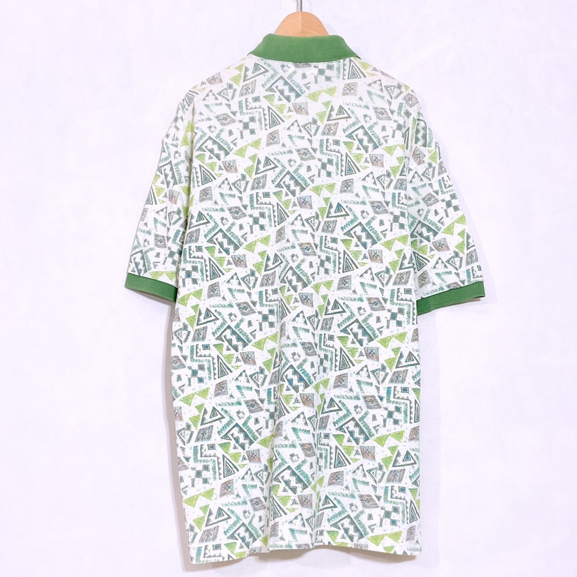 【26464】 FORECAST フォレキャスト ポロシャツ カットソー サイズL ホワイト 総柄 ゴルフウェア カジュアル 襟付き 緑白 半袖 メンズ