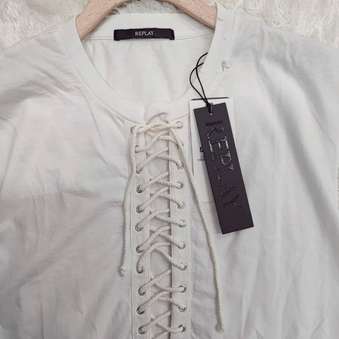 【01086】 REPLAY リプレイ トップス ホワイト 袖なし 韓国ファッション M ノースリーブ 紐加工 白 刺繍 デザイン タンクトップ