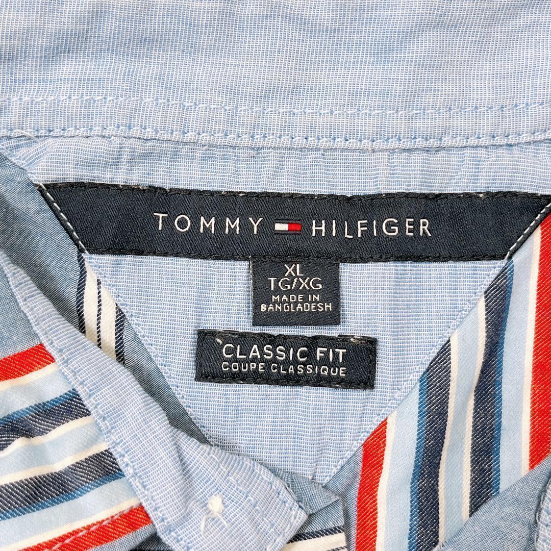 【01804】 TOMMY HILFIGER トミー ヒルフィガー トップス XL 半そで シャツ 青 ボーダー ポケット 襟あり かっこいい