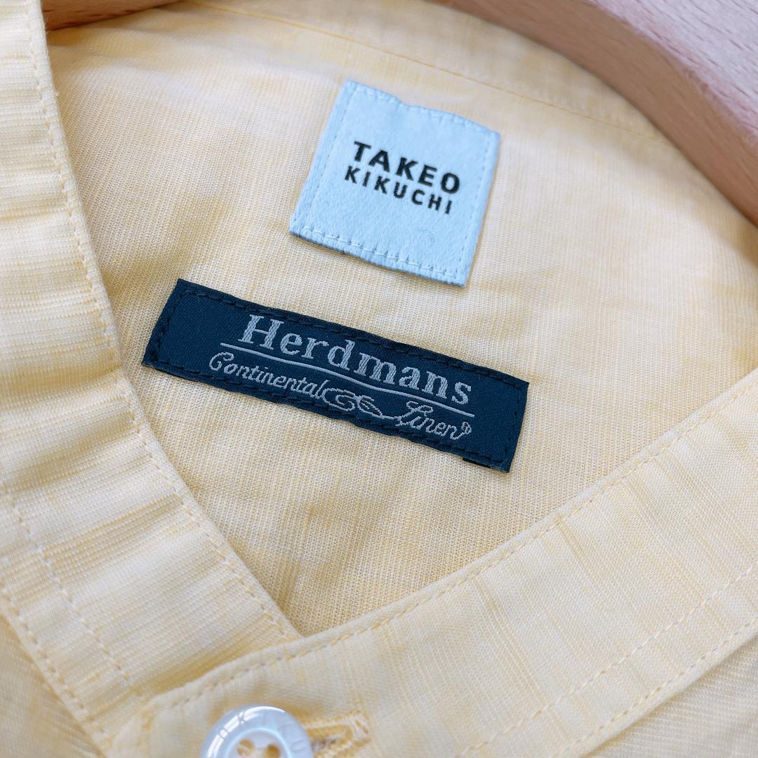 【03692】TAKEOKIKUCHI タケオキクチ ノーカラーシャツ トップス イエロー 長袖 ボタン L 黄色 新品 未使用 シンプル
