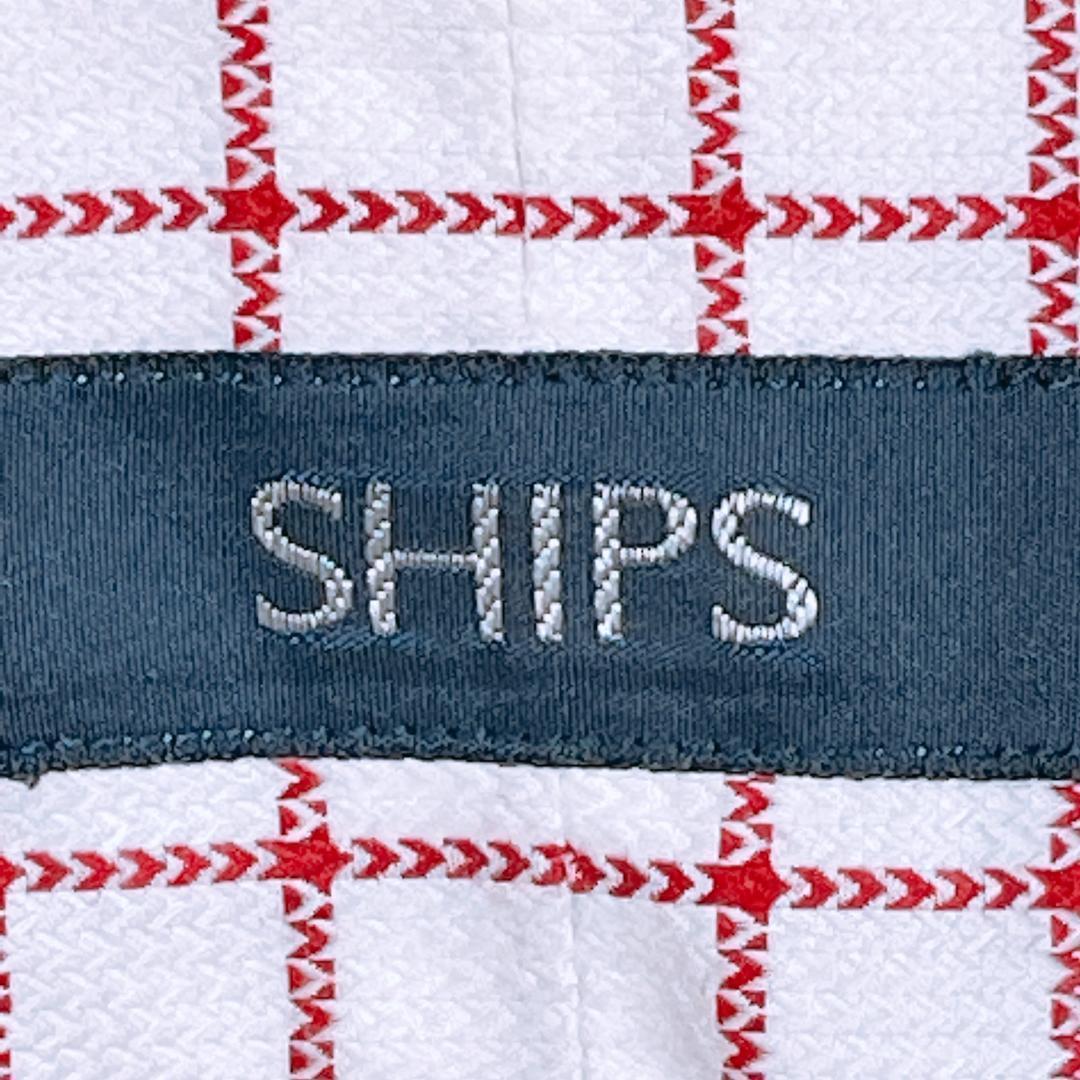 【05303】 SHIPS シップス シャツ 42 ホワイト レッド チェック柄 定番 春 長袖 襟付き 袖ボタン 胸ポケット カジュアル