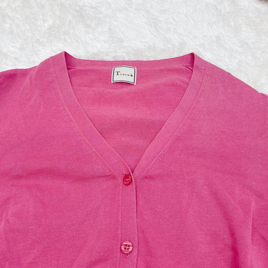 【06487】 Tiara ティアラ セミロング カーディガン ピンク 5分袖 美品 無地 シンプル リボン ポケット ボタン Vネック