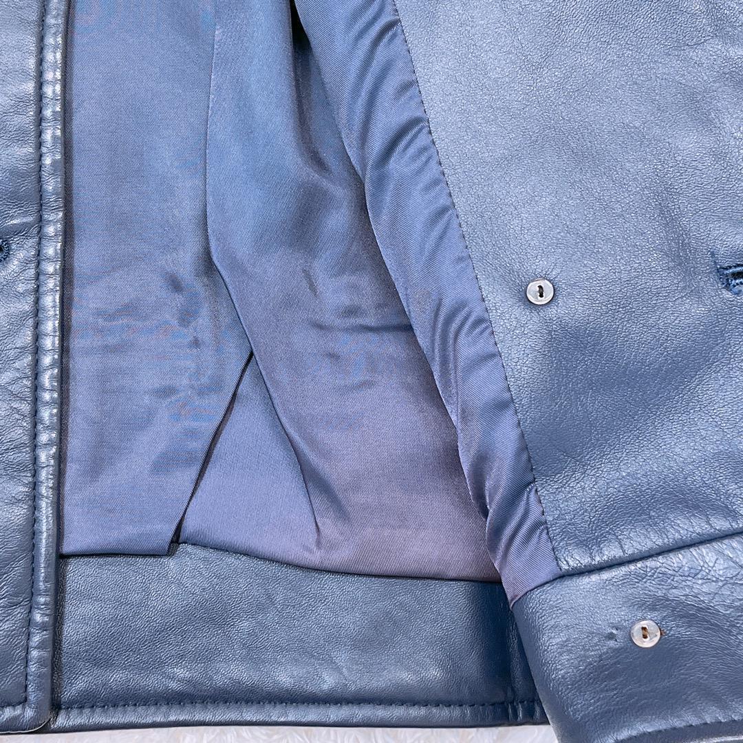 【06765】 ノーブランド レザー ジャケット 9 コート テーラード ブルー ネイビー 長袖 ポケット ボタン かっこいい 冬
