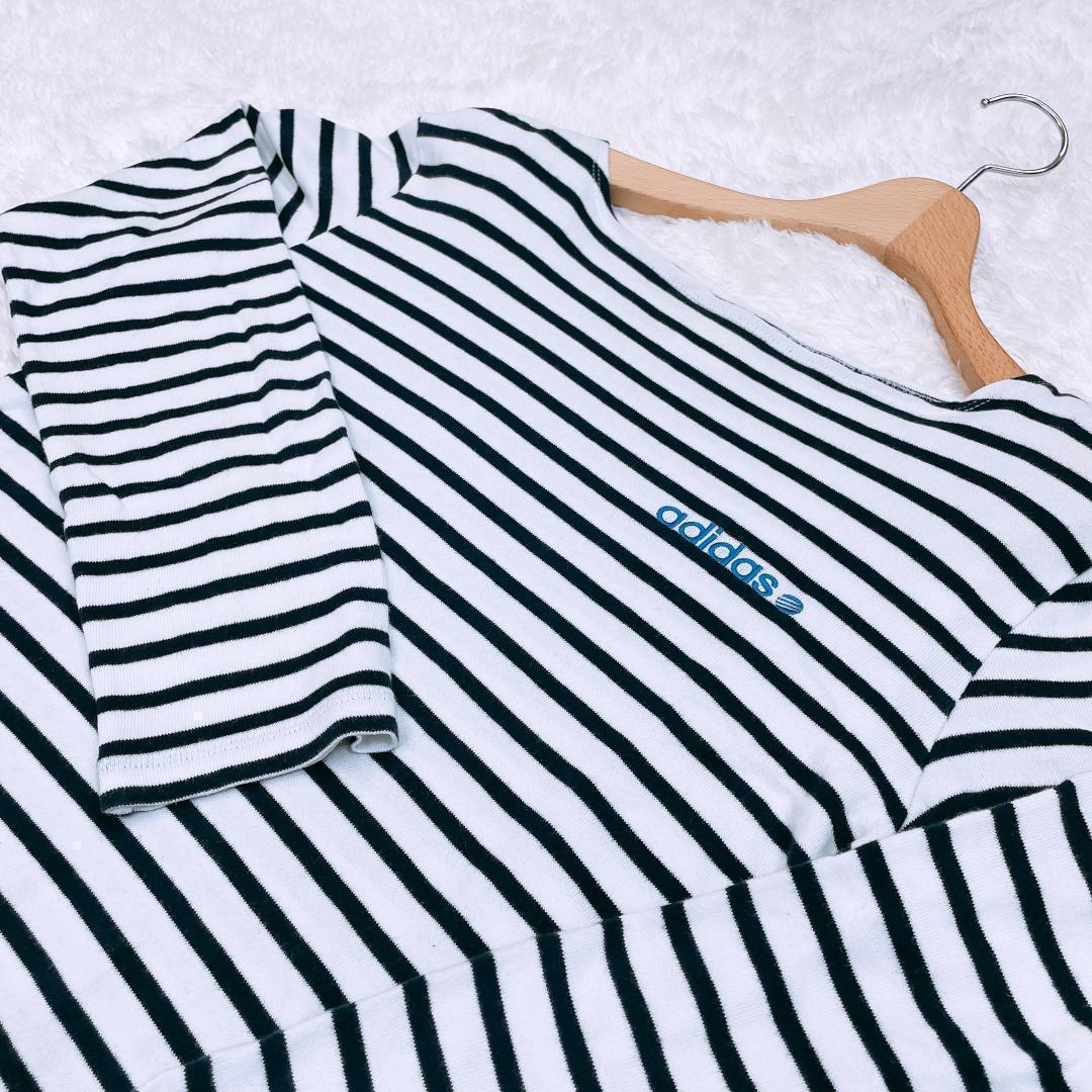 【07132】 adidas アディダス 長袖 Tシャツ カットソー M ボーダー ホワイト ブラック シンプル 縞々 ブランドロゴ