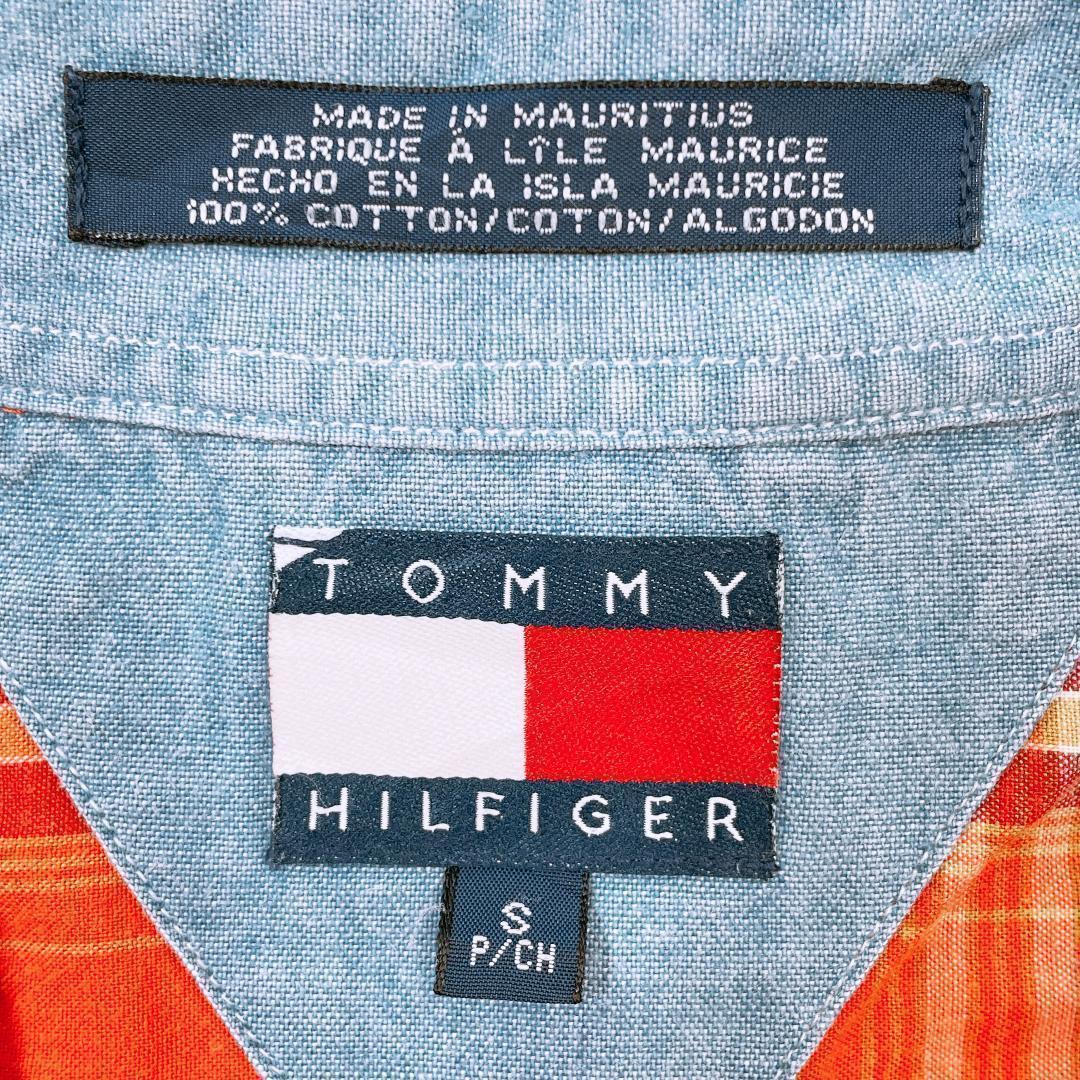 【07692】 TOMMY HILFIGER トミー ヒルフィガー トップス 半袖シャツ 半袖 シャツ オレンジ Sサイズ チェックシャツ チェック柄 カジュアル