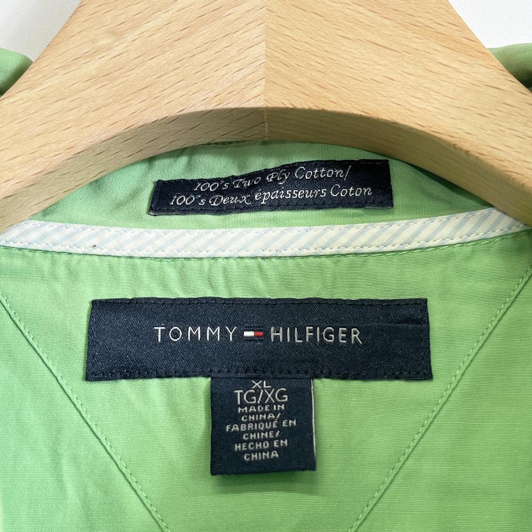 【07693】 TOMMYHILFIGER トミー ヒルフィガー シャツ XL(LL) グリーン 半袖 ポケットあり ボタン 襟 おしゃれ 差し色 オーバーサイズ