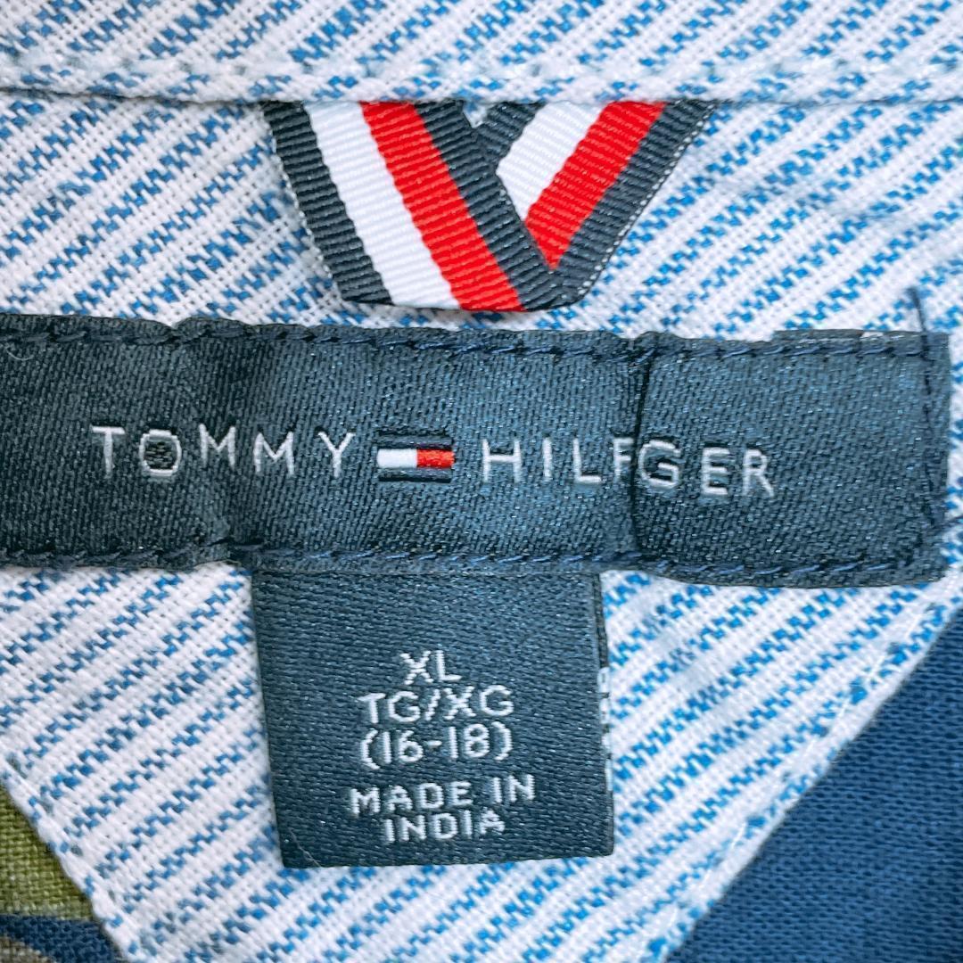 【07695】 TOMMY HILFIGER トミー ヒルフィガー トップス 半袖シャツ シャツ 柄シャツ 総柄 XLサイズ ブルー 半袖 ヤシの木柄 カジュアル