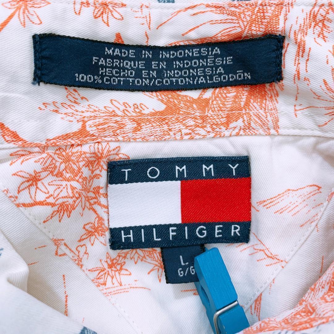 【07743】 Tommy Hilfiger トミーヒルフィガー トップス 半袖シャツ 半袖 シャツ 柄シャツ Lサイズ 白 ブルー 柄 総柄 カジュアル シンプル