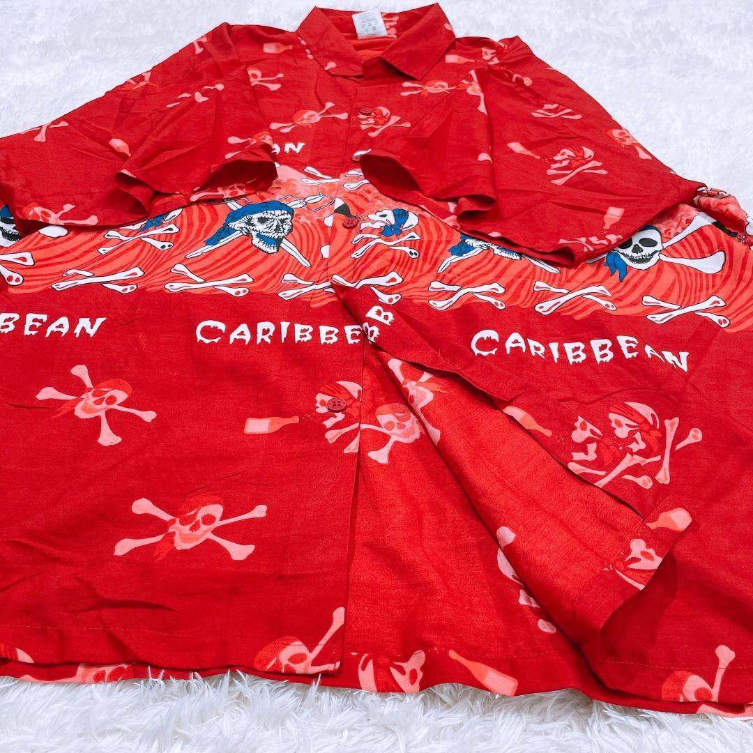 【07764】 Rima Beach World リマビーチワールド トップス シャツ 半袖 半袖シャツ XLサイズ ドクロ柄 レッド 赤 柄シャツ カジュアル
