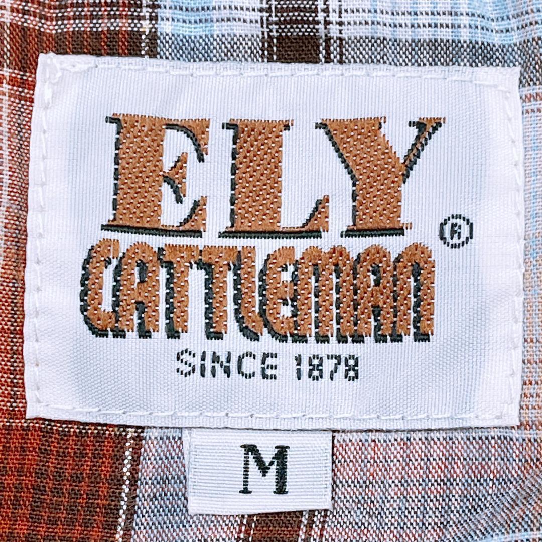 【08298】 美品 ELY CATTLEMAN エリーキャトルマン 半袖シャツ Yシャツ M ブラウン チェック ブルー 人気ブランド 春夏 SS