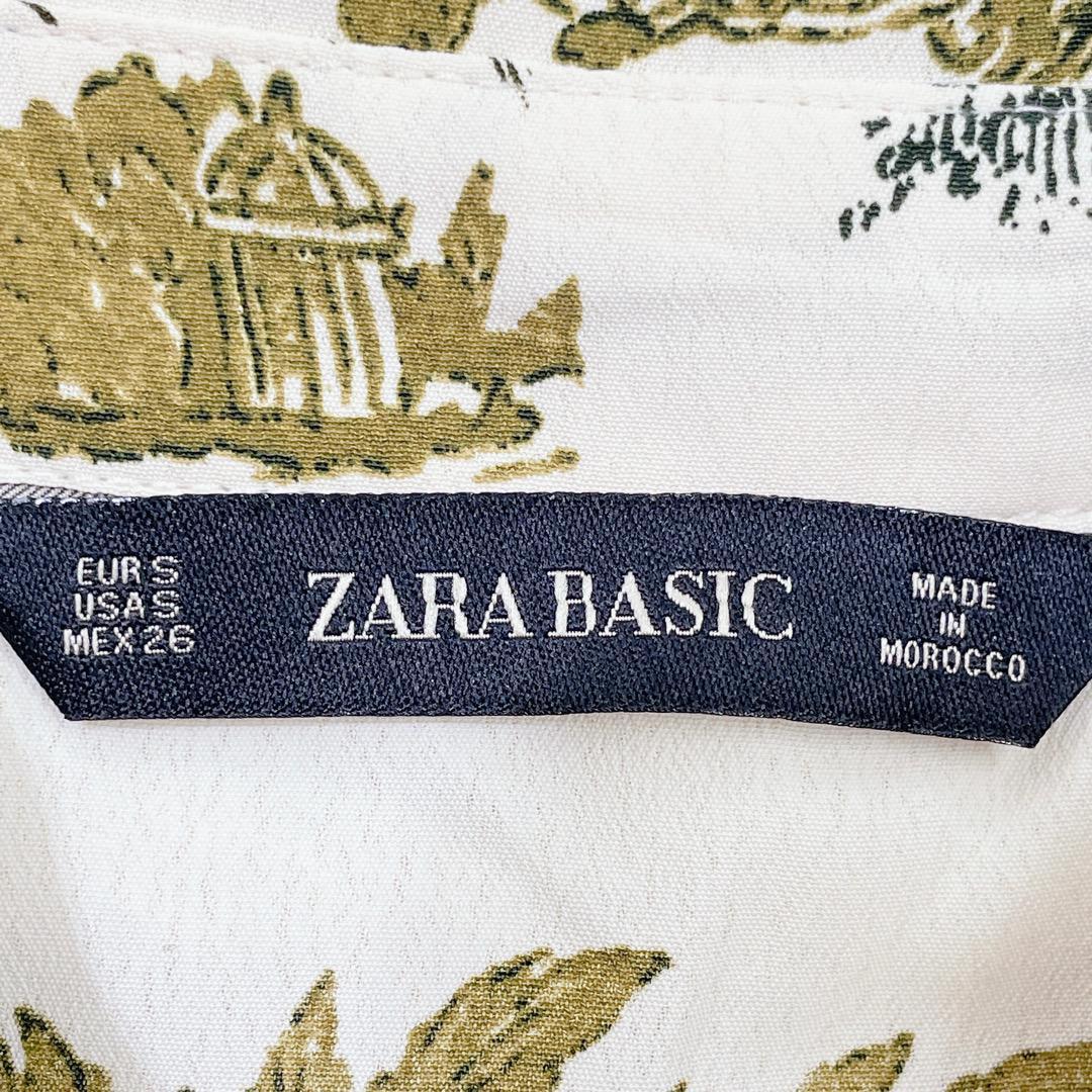 【08623】 ZARA ザラ シャツ s アイボリー 総柄 鳥 チュニック グリーン 柄シャツ 長袖 襟付き 派手 個性的 おしゃれ