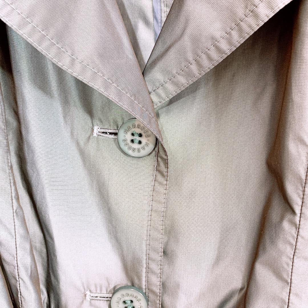 【08758】 Harrods ハロッズ ロング トレンチ コート 1 グレー 撥水加工 灰色 長袖 ボタン 襟あり リボン 大人っぽい