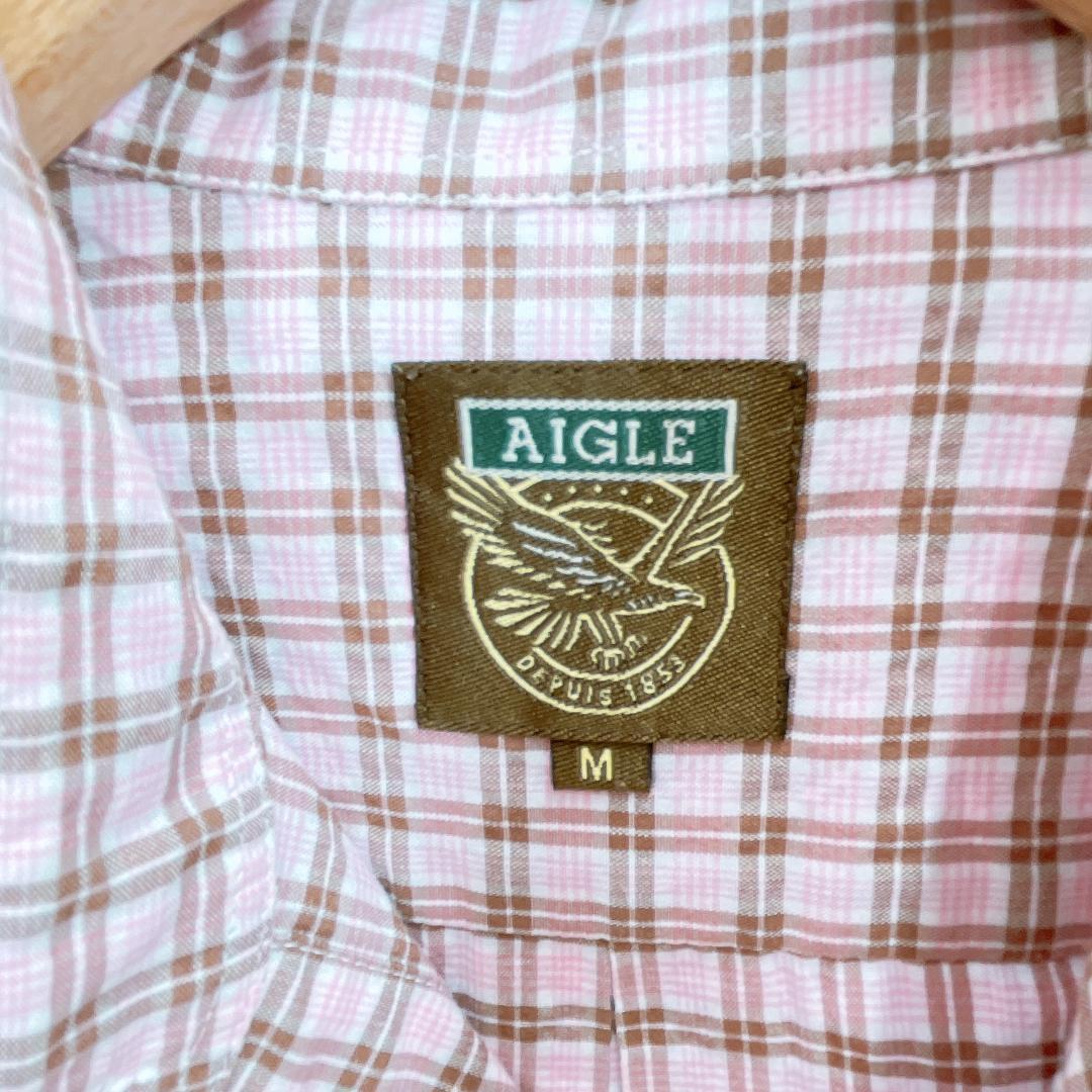 【09336】美品 AIGLE トップス シャツ ピンク Mサイズ チェック柄 エーグル 半袖 カジュアル メンズ 紳士 チェックシャツ シンプル