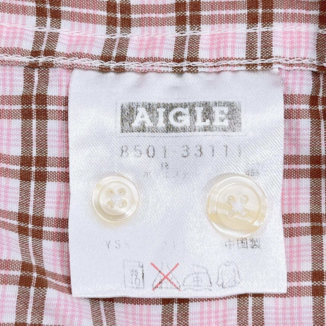 【09336】美品 AIGLE トップス シャツ ピンク Mサイズ チェック柄 エーグル 半袖 カジュアル メンズ 紳士 チェックシャツ シンプル