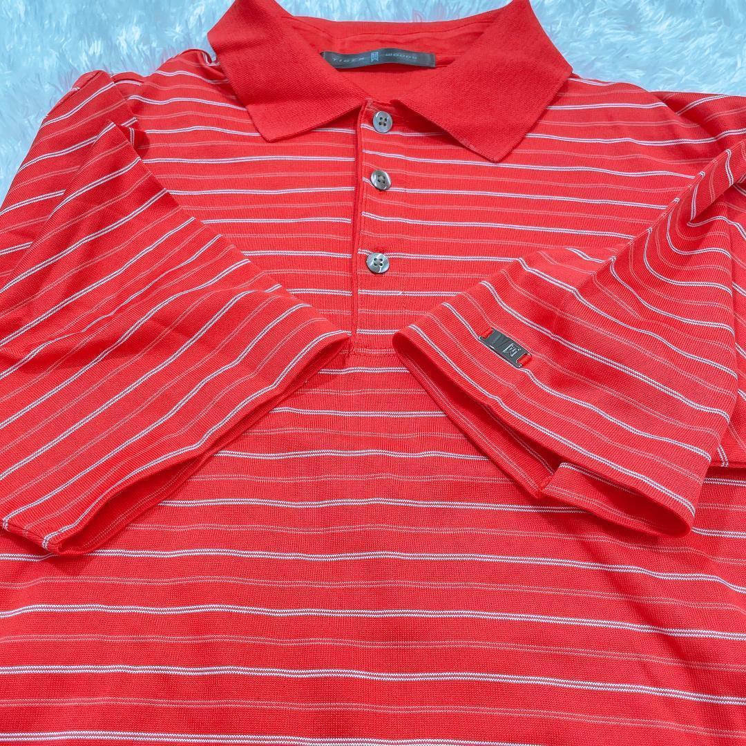 【09369】 美品 TIGER WOODS タイガーウッズ ポロシャツ 半袖 赤 レッド スポーツ ゴルフ S ストライプ ドライフィット オーバーサイズ