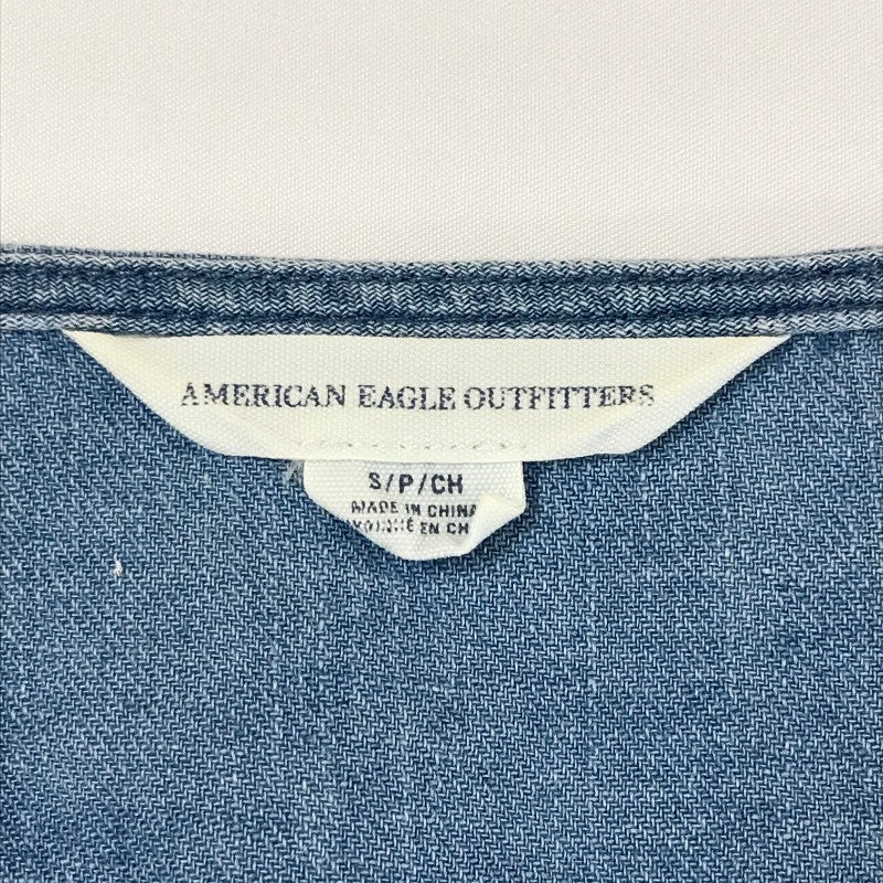 【09435】 American Eagle アメリカンイーグル 半袖ブラウス サイズS ライトブルー 刺繡 麻混 やわらか Vネック リラックス レディース
