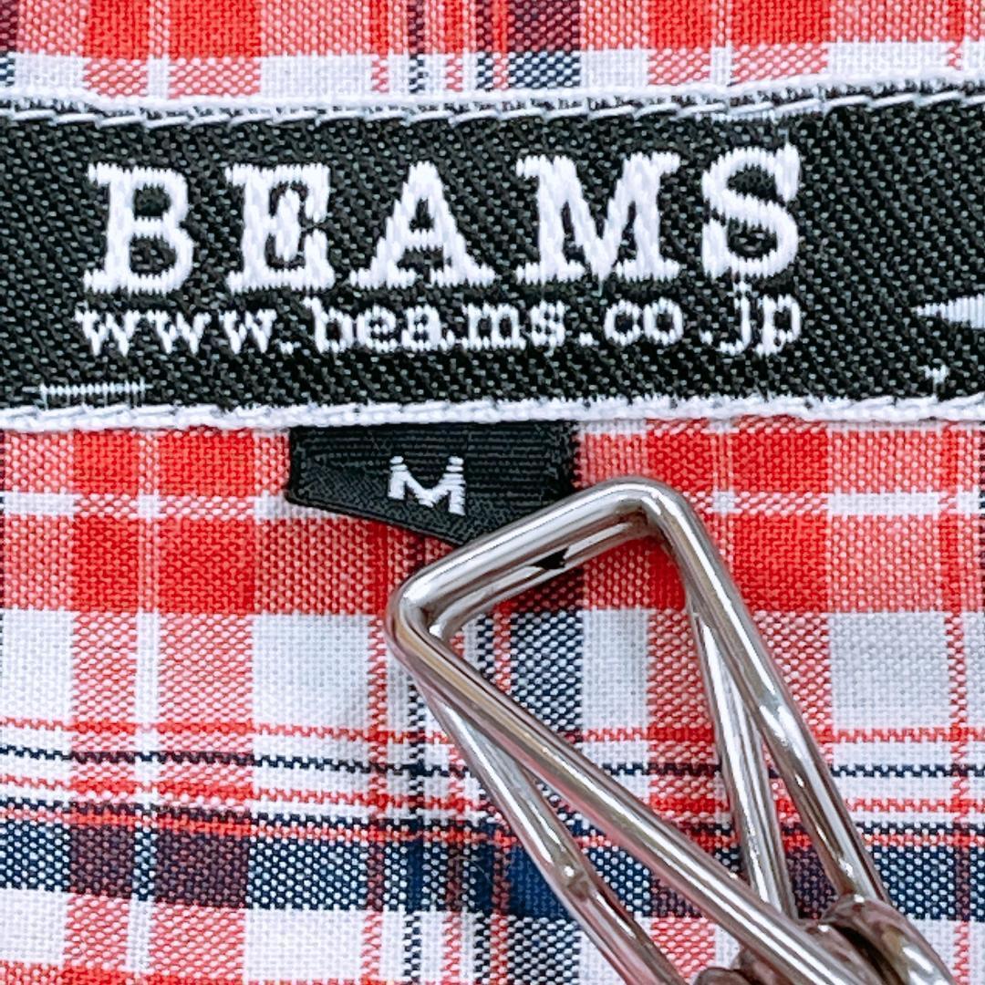 【09451】 BEAMS ビームス Yシャツ 半袖 チェック レッド M 襟付き ボタン おしゃれ オーバーサイズ ブランド シンプル