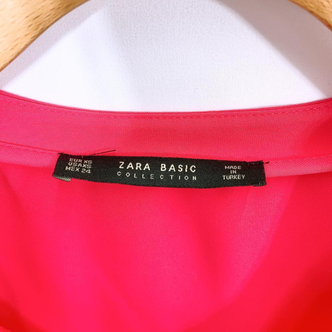 【09727】 ZARA BASIC ザラベーシック 長袖 Tシャツ ピンク XS ザラ 派手 ブランド Vネック おしゃれ 無地 袖ボタン