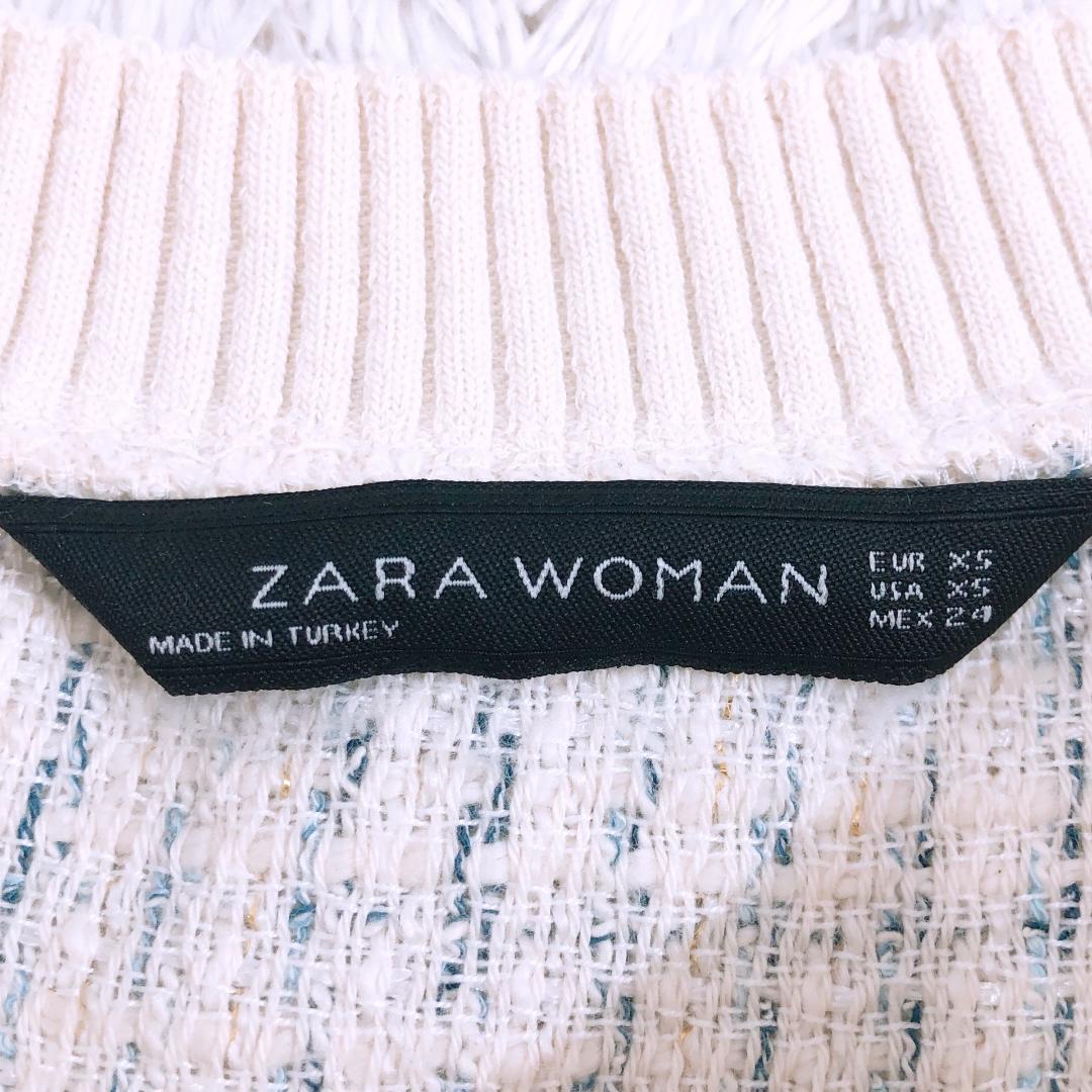 【09736】 ZARA WOMAN ザラウーマン トップス チュニック ツイード柄 半袖 レース ネックリブあり 重ね着風 シャツ カジュアル シンプル