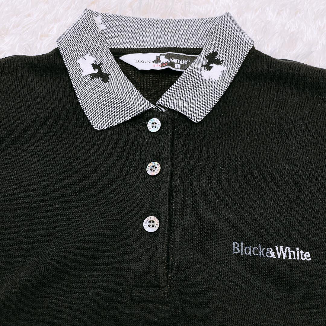 【09967】美品 Black＆White トップス 1 Sサイズ相当 ブラック 良品 ブラック＆ホワイト ポロシャツ 長袖 ロング丈 猫 刺繍 メンズ ラフ