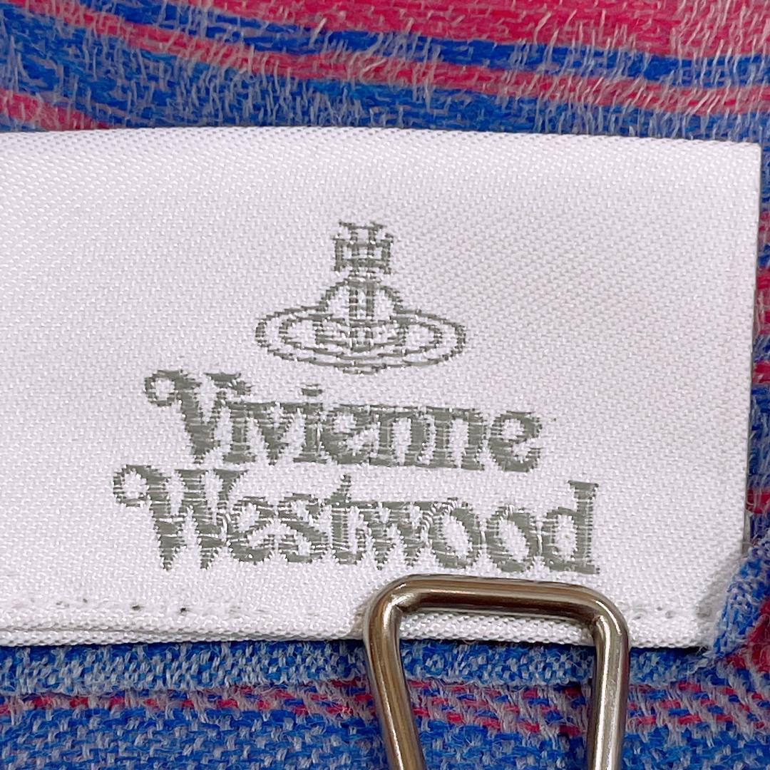 【10794】Vivienne Westwood ヴィヴィアン ウエストウッド ストール ショール ブルー 赤 小物 毛100％ おしゃれ