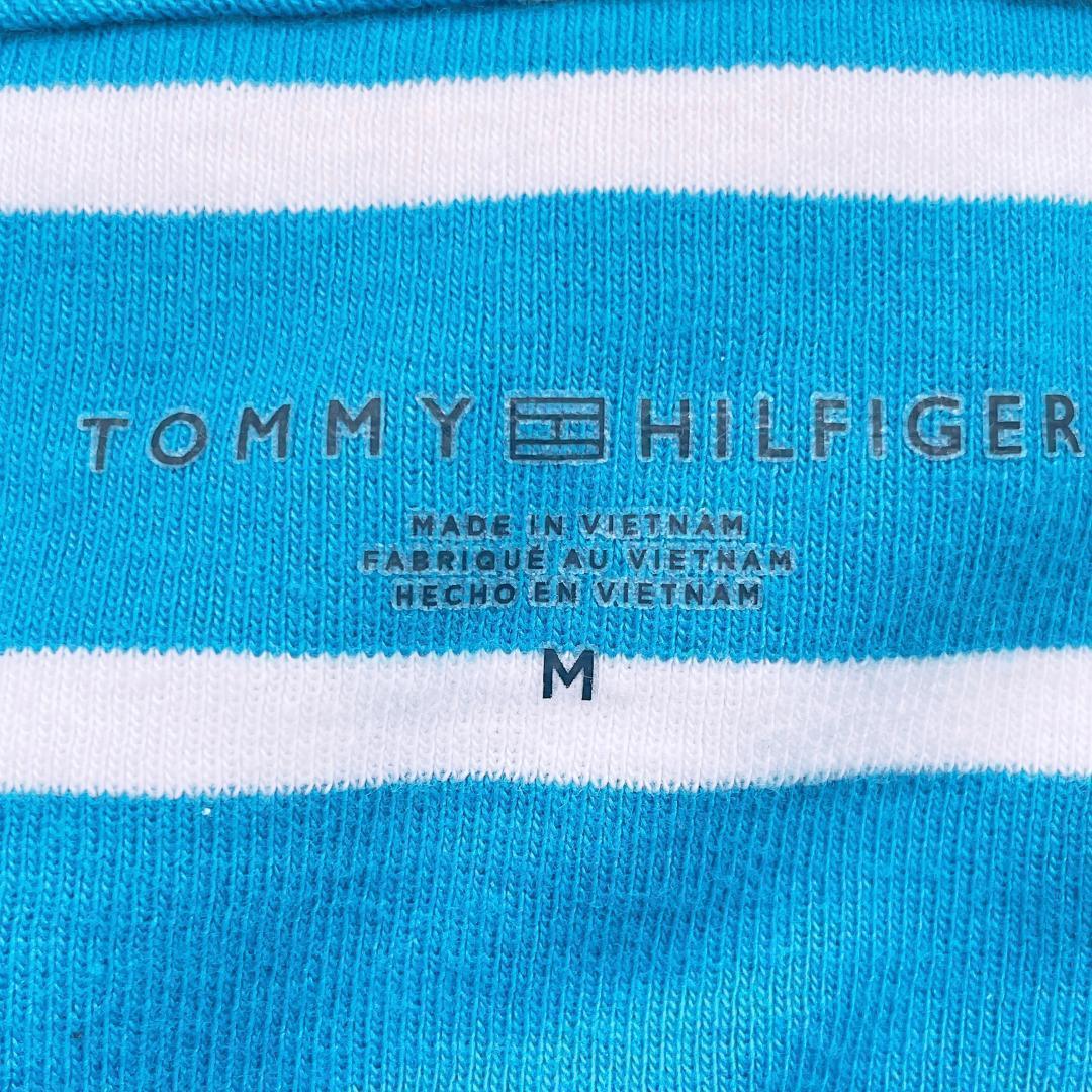 【10839】TOMMY HILFIGER トミー ヒルフィガー トップス Tシャツ M 水色 白 半袖 ボーダー 爽やか 夏服 シンプル