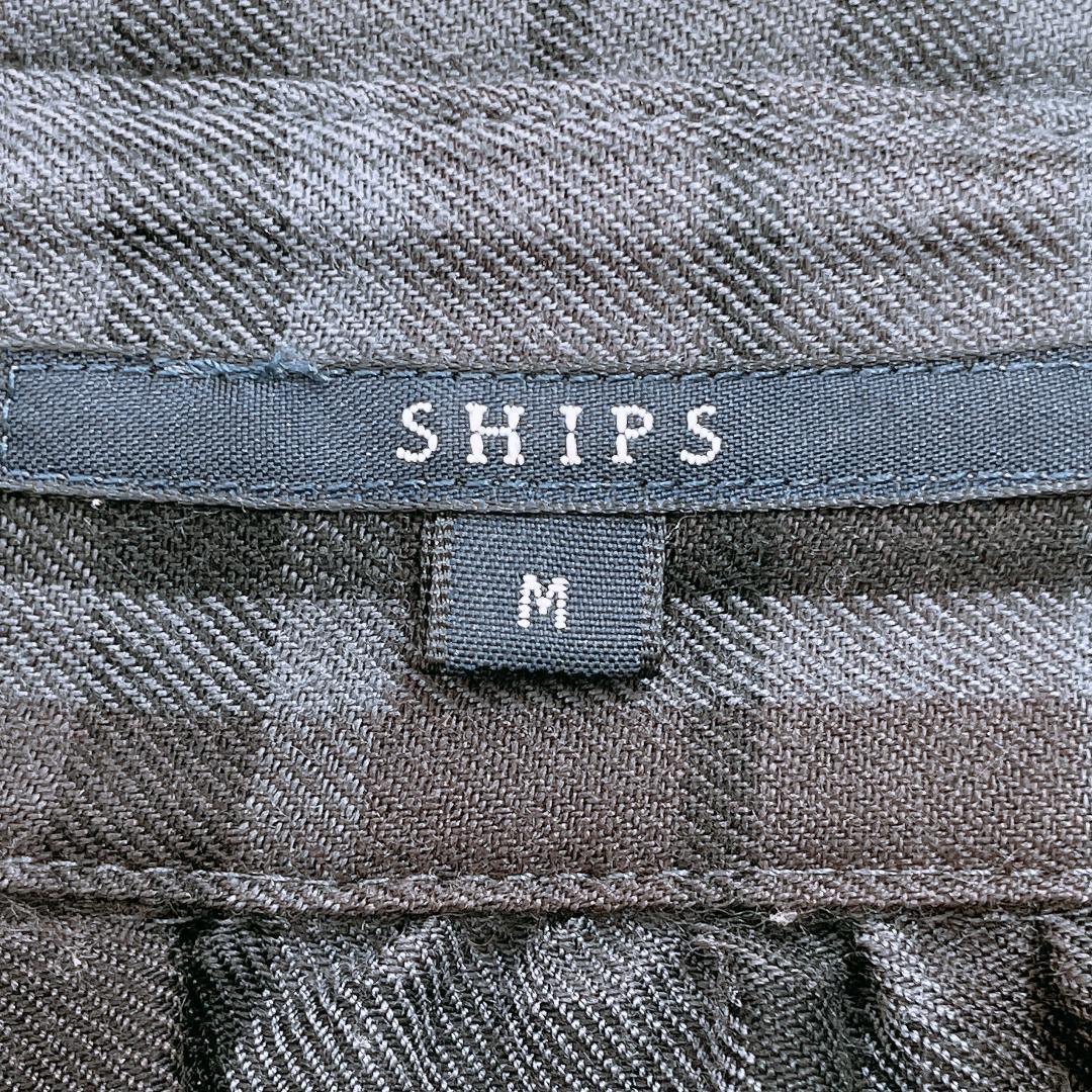 【10866】SHIPS シップス トップス M グレー チェック シャツ ブラウス 灰色 長袖 フェミニン 大人っぽい 秋服
