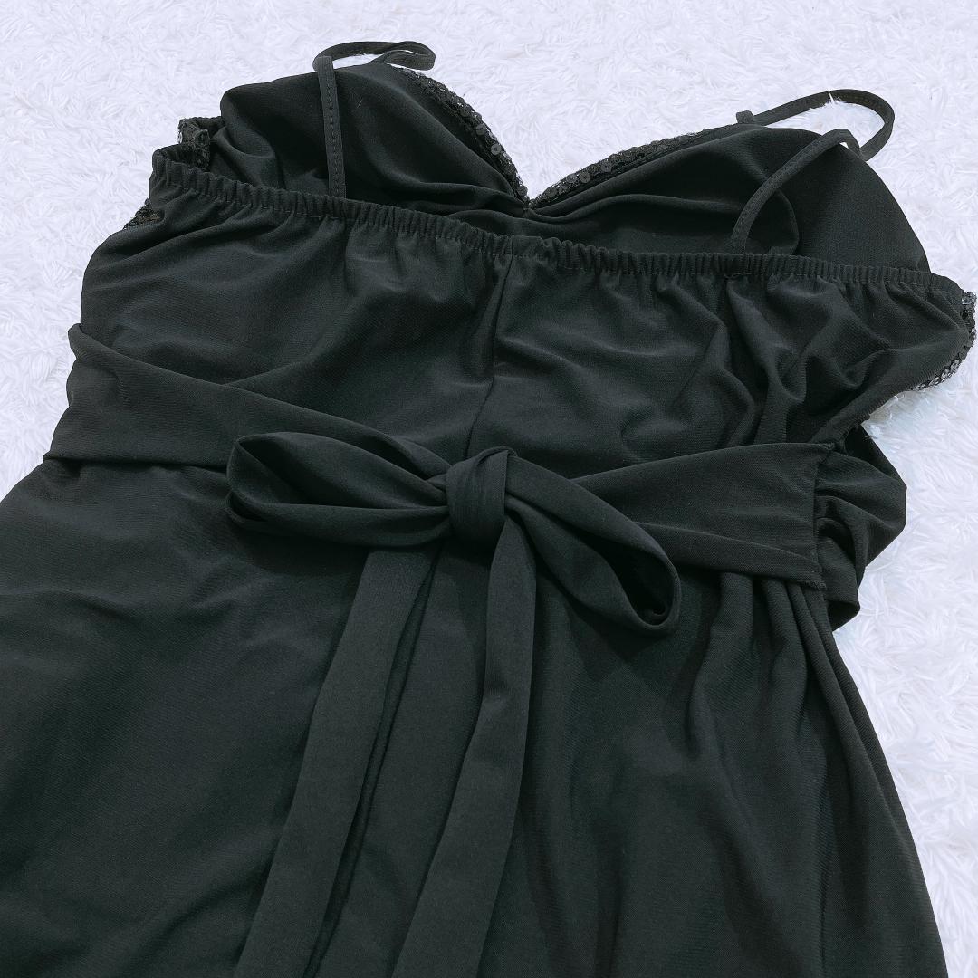 【11077】美品 ICHIOKU ワンピース 32 ブラック 良品 イチオク ロングワンピース 黒 シンプル リボン 裾フレア スパンコール レディース