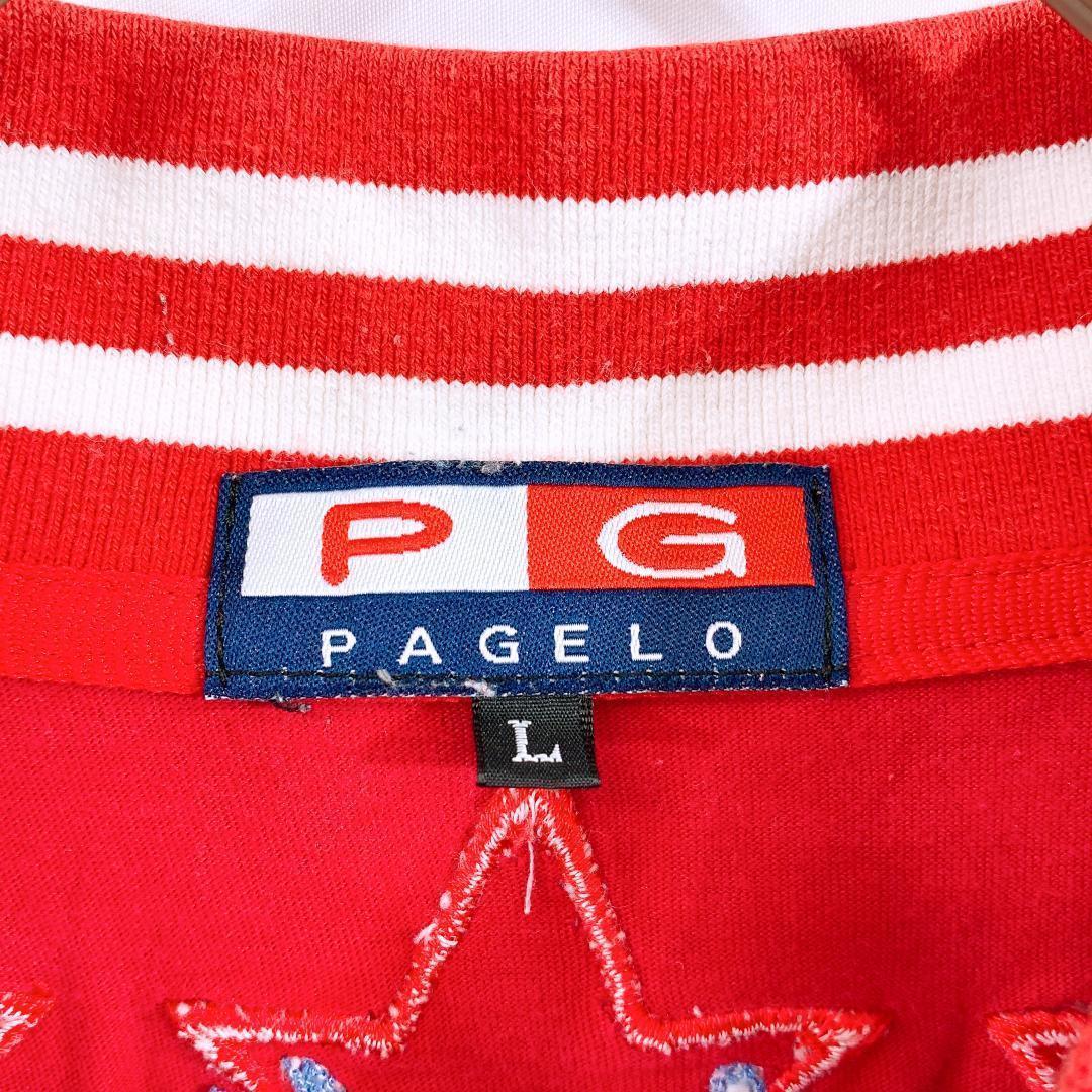 【11335】訳あり品 PAGELO パジェロ ポロシャツ トップス L レッド×ホワイト 赤×白 ボーダー ハイネック オーバーサイズ ゆったり