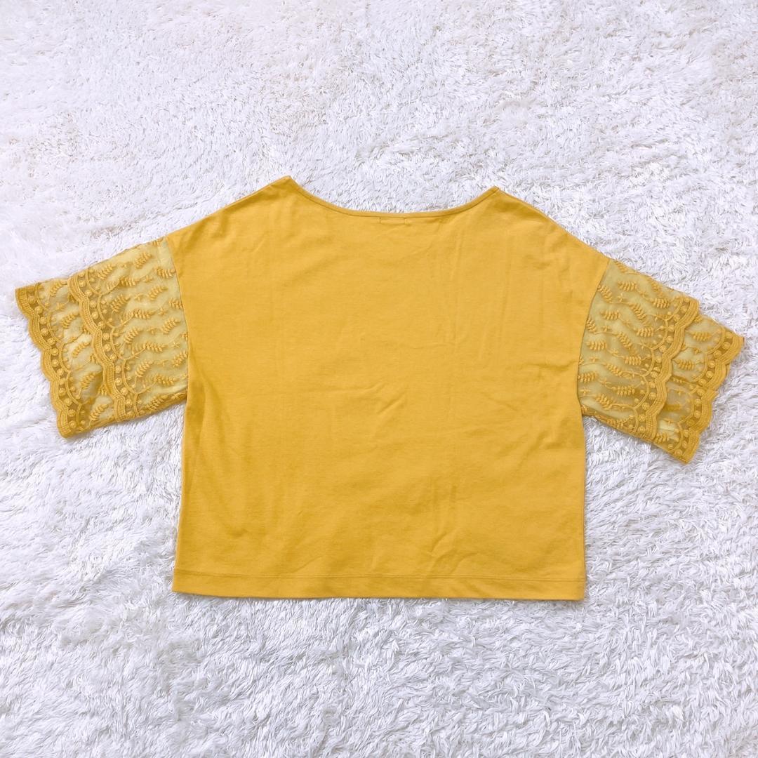 【12196】 GU ジーユー トップス Tシャツ XL 半袖 袖レース 黄色 イエロー おしゃれ Vネック 無地 シンプル