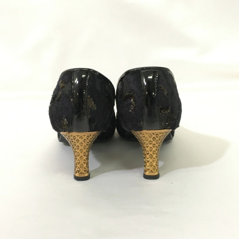【12260】 t.inaba イナバ パンプス ヒール 靴 サイズ23 1/2 ブラック サイズ23.5cm相当 日本製 ラメ素材 ファー素材 オシャレ レディース