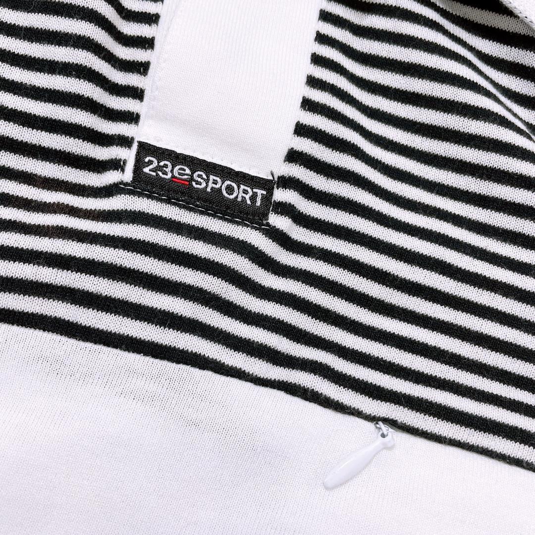 【12621】 23区 スポーツ ゴルフウェア ポロシャツ 2 M相当 ボーダー 白×黒 ホワイト×ブラック 伸縮性 ポリエスエル ゆったり