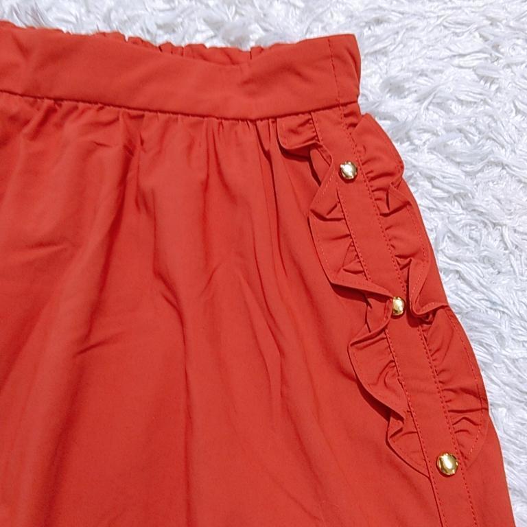 【12943】 美品 Bon mercerie ボンメルスリー フリル フレア スカート ミディ丈 34 XS レッド 赤 ギャザー