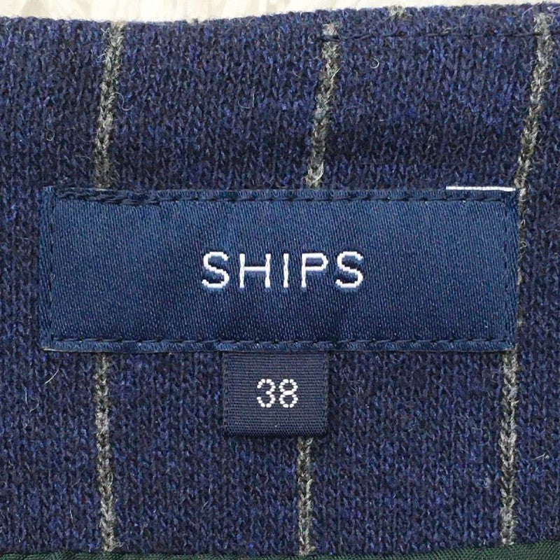 【12957】 SHIPS シップス ひざ丈スカート サイズ38 / 約M ネイビー ファスナー ストライプ シンプル スマート オシャレ レディース
