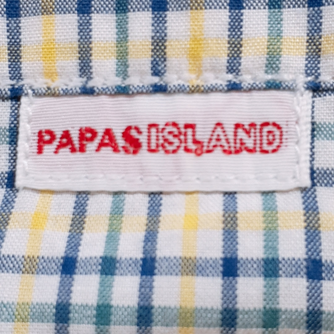 メンズL PAPAS ISLAND トップス イエロー 黄色 シンプル 半袖シャツ チェック柄 パアパアスアイランド 【13719】