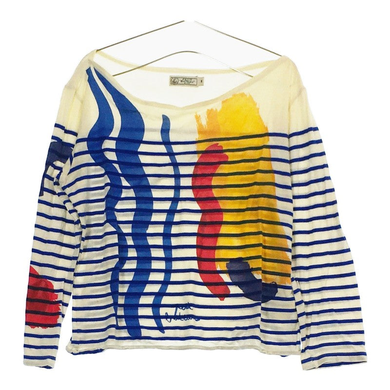 レディースM PETIT BATEAU トップス ホワイト ブルー B品 訳あり品 Tシャツ 長袖 薄手 ボーダー カジュアル 柄 プチバトー【14873】