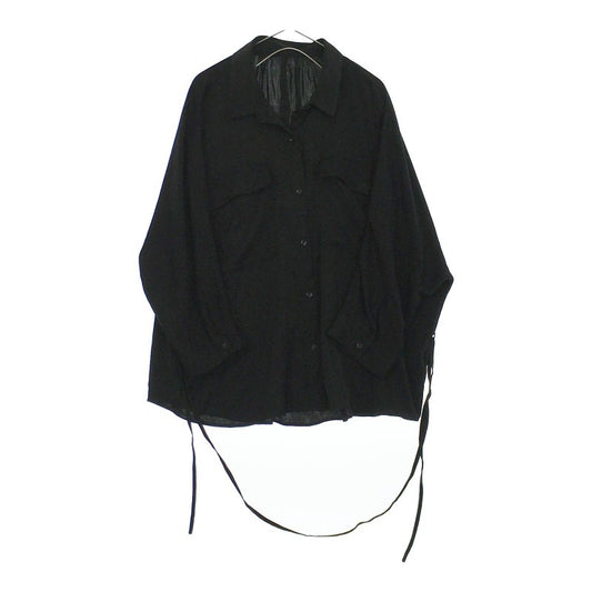 レディースXL GU シャツ 長袖 黒 ブラック ウエストのひも付き シンプル ポケット有 普段着 ジーユー 【16145】