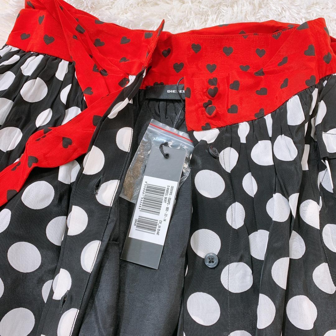【17296】新品未使用 DIESEL スカート 23 Sサイズ相当 ブラック 新品 未使用品 タグ付き ディーゼル ロングスカート 黒 赤 水玉 ドット柄