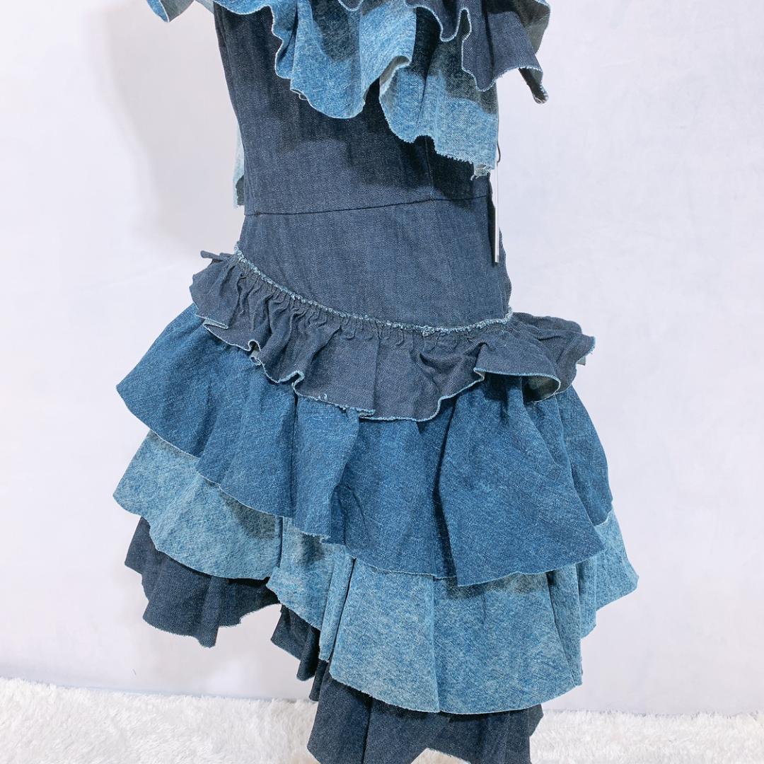 【17483】新古品 DIESEL ドレス Sサイズ ブルー 新古品 未使用品 ディーゼル デニム インディゴブルー フリル レディース ワンピース