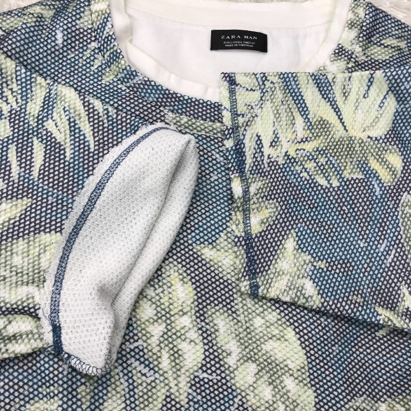 【19034】 ZARA MAN ザラマン 半袖Tシャツ カットソー サイズL グリーン ボタニカル 総柄 メッシュ オーバーサイズ オシャレ メンズ