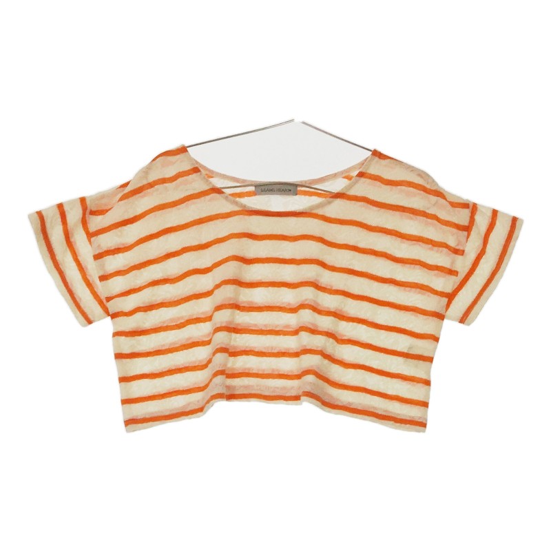 【20460】 BEAMS HEART ビームス ハート トップス シャツ 半袖シャツ オーバーサイズ 丸ネック レース ボーダー オレンジ ホワイト M相当