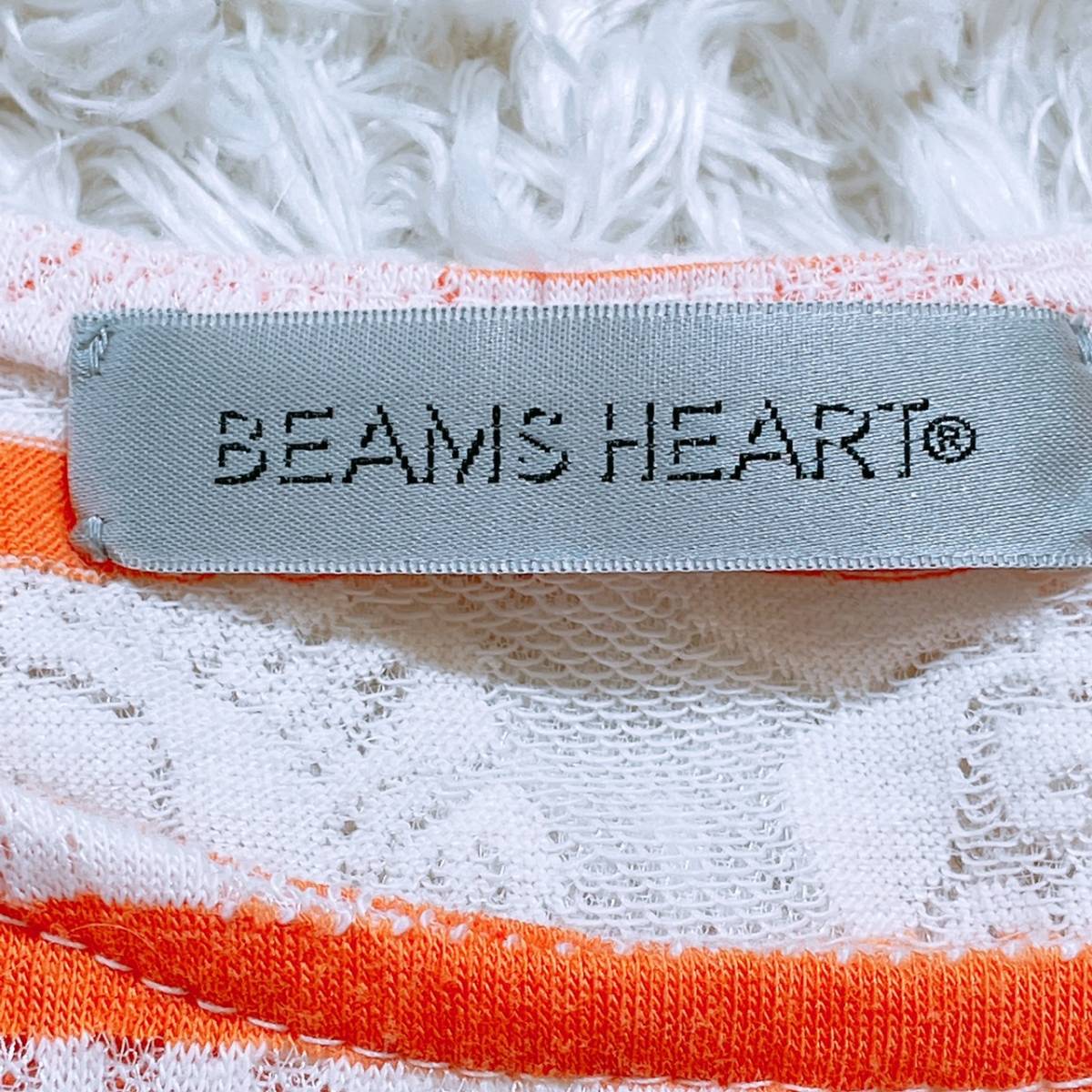 【20460】 BEAMS HEART ビームス ハート トップス シャツ 半袖シャツ オーバーサイズ 丸ネック レース ボーダー オレンジ ホワイト M相当
