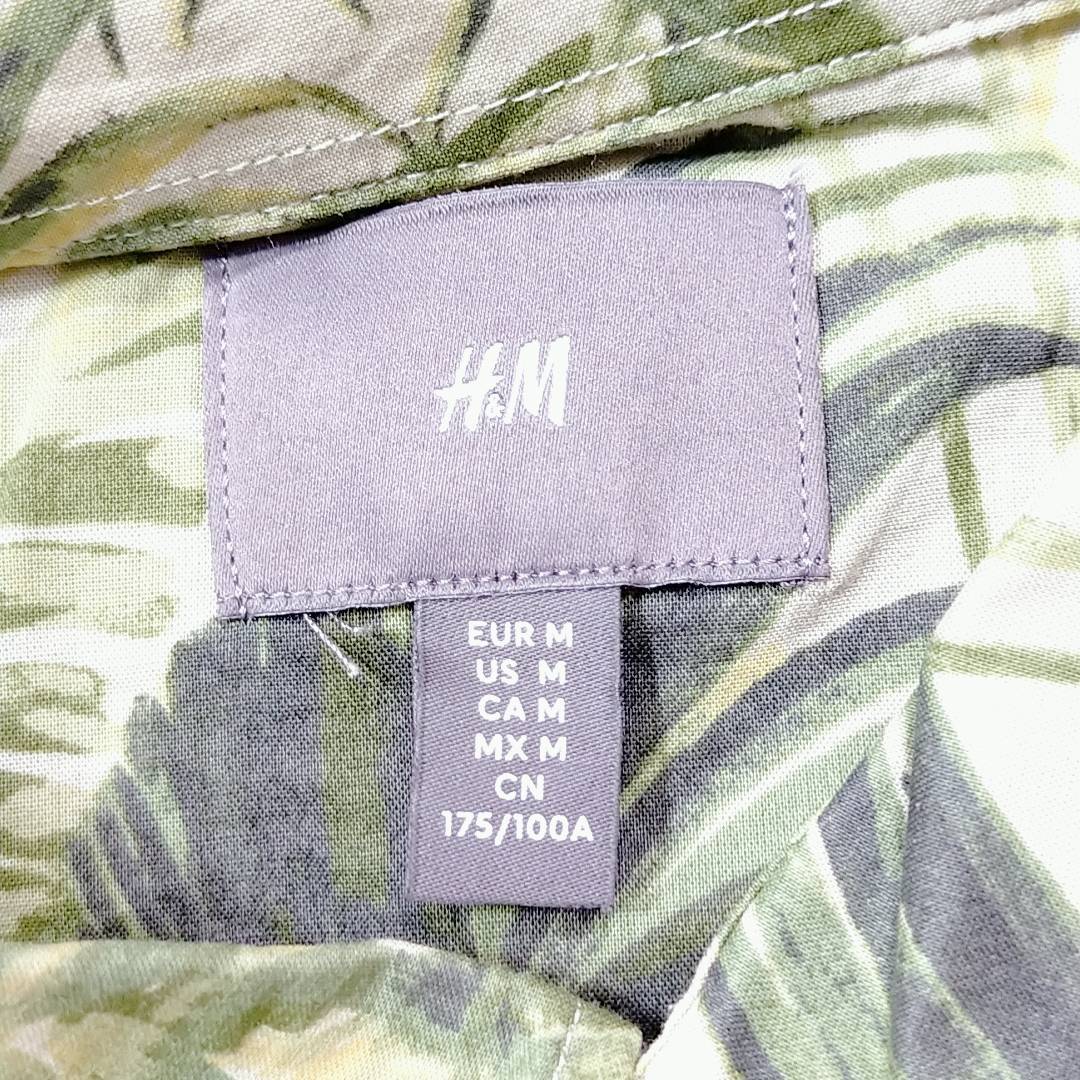 メンズUS M 175/100 H&M 半袖カジュアルシャツ 緑 グリーン 総柄 植物モチーフ レトロ ゆったり エイチアンドエム 【21335】